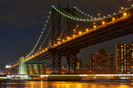 曼哈顿大桥和天际线的景观从布鲁克林在晚上