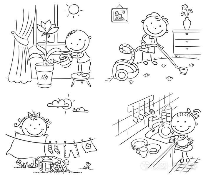 孩子们帮助父母做家务插画-正版商用图片1grqb0-摄图