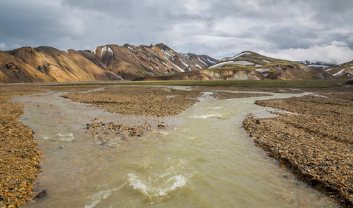 landmannalaugar 令人难以置信的景观与游客步行和河，冰岛