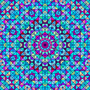 抽象炫彩的数字装饰花卉。几何对比线明星和蓝色粉红色红色青色彩色艺术背景