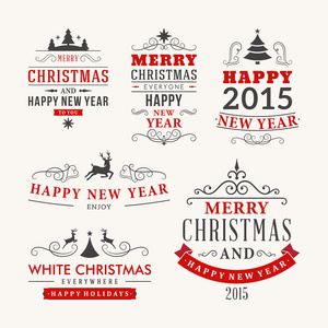 圣诞装饰集书法和排版的设计元素 标签 符号 图标 对象和节日的祝福