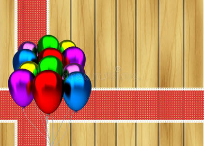 彩色派对气球和红丝带在木质背景上