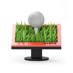 3d 插图 监视器，带有白色背景上的高尔夫球场球