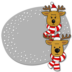 两个驯鹿在圣诞老人的帽子和白色背景上的多彩围巾冬天假日卡