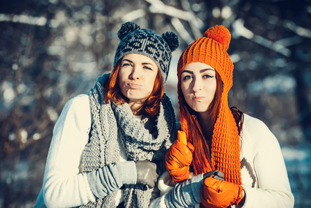两个女孩的朋友，在冬季户外