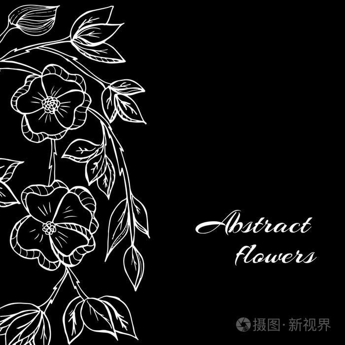 与花在黑色和白色的风格的抽象背景