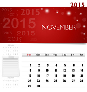 2015 日历，每月日历模板为 11 月。矢量 il
