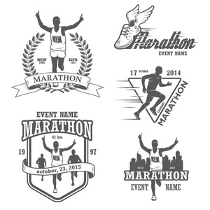 跑马拉松和慢跑标志 标签 徽章一套