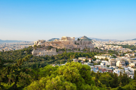 从菲洛帕波斯山上看到的雅典雅典卫城。雅典, 希腊