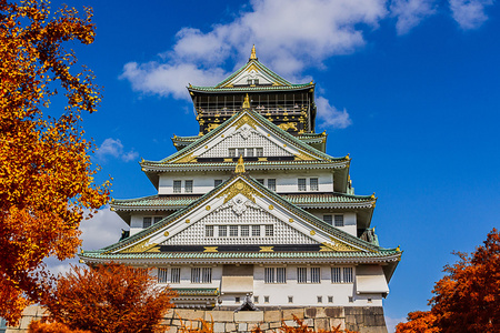 日本的城堡与秋天的落叶
