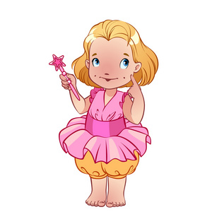 可爱的小女孩穿着粉红色的连衣裙，用魔杖