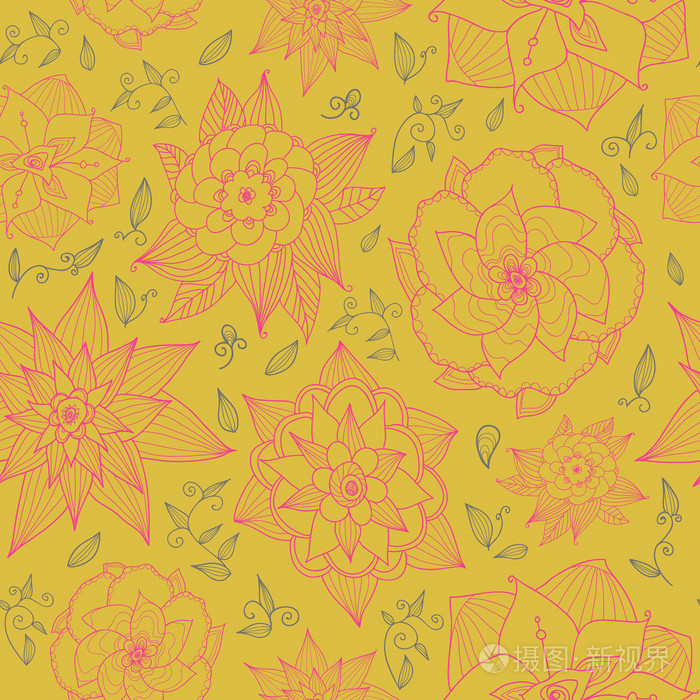 矢量无缝花壁纸与手绘花淡黄色背景色