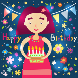 生日快乐女孩与蛋糕发光卡
