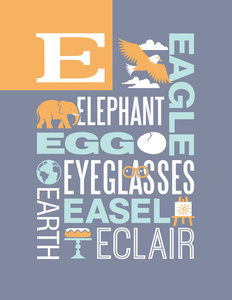 字母 E 排版插图字母海报设计与以 E 开头的单词