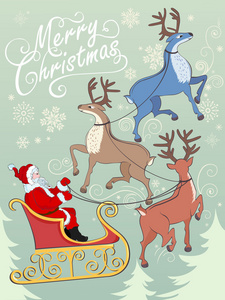 贺卡与驯鹿和圣诞老人在雪橇上