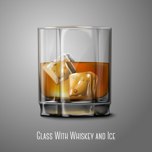 现实的矢量玻璃与烟熏火燎的苏格兰威士忌和冰隔离。透明   为每个背景