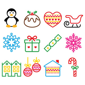 圣诞节，冬天图标与中风企鹅 圣诞布丁