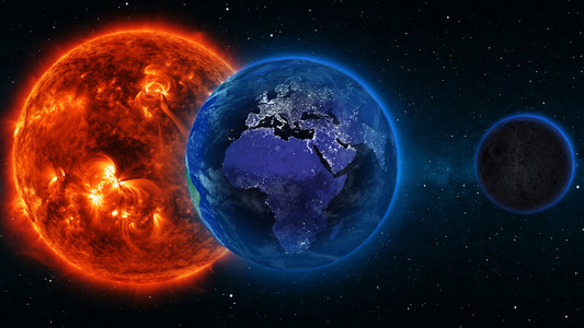 行星地球与太阳在宇宙或空间 地球和银河星云云