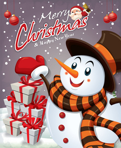 老式的圣诞节海报设计与圣诞老人与雪人