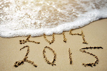 快乐的近一年概念 2015年取代 2014年在海滩上