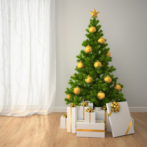 圣诞树用黄金装饰和礼品盒中经典的风格