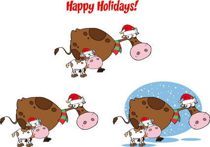 圣诞节母牛和小牛的卡通人物图片