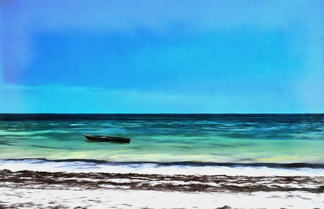 寂寞的小船在附近海岸像天堂绘画的海洋