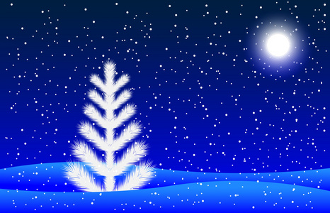 冬天的夜晚风景与一棵枞树和月亮