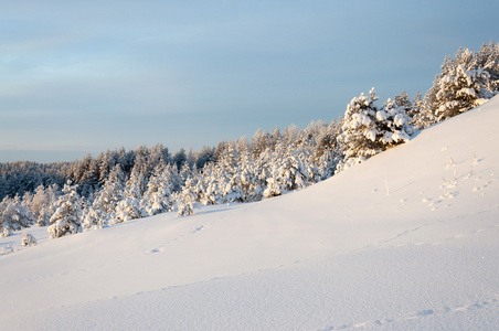 冬季日出时在山林中的多彩景观