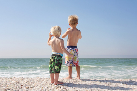 两个年幼的孩子，在海滩上找出在大海之上