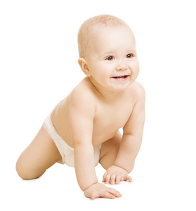 婴儿的尿布，爬行小孩子。婴幼儿活动子窗体分离的肖像白色背景