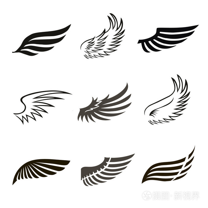抽象羽毛天使或鸟的翅膀图标集孤立的矢量
