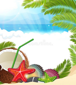 热带背景，棕榈树和椰子鸡尾酒