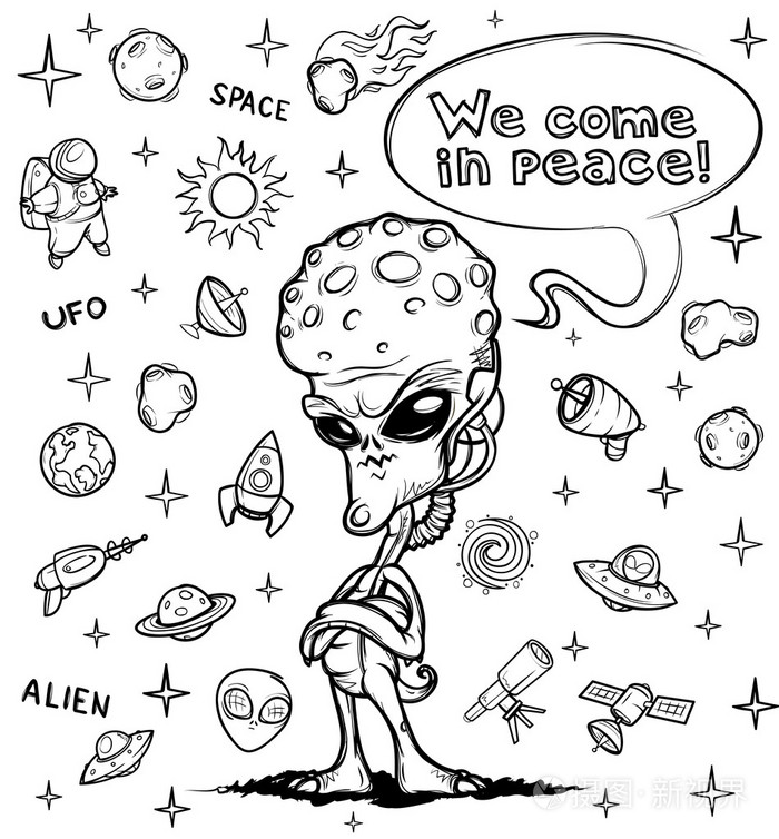 小外星人太空侵略者的头很大.手绘
