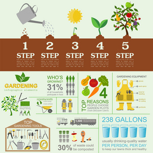 园艺工作信息图表元素。工作工具集