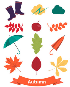 图标集秋天。叶子和配件。矢量图