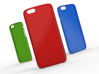表面上的手机的情况。透明塑料。绿色 红色和蓝色的颜色