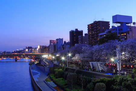 黄昏在东京的摩天大楼和隅田河