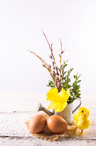 复活节彩蛋与鸡和喷壶水仙花盛开