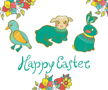 复活节贺卡与鸭 羊 兔和花