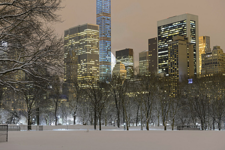 后暴风雪中，纽约市的曼哈顿天际线