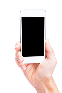 手着空白的屏幕在白色背景上的白色智能手机