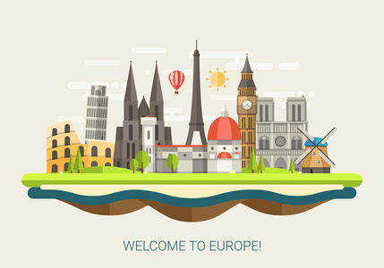 平面设计与欧洲世界著名地标图标组成的插图