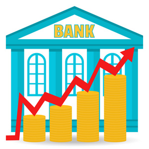 经营理念。银行存款增长图表。收入。建设银行与在堆栈中的硬币。平面设计