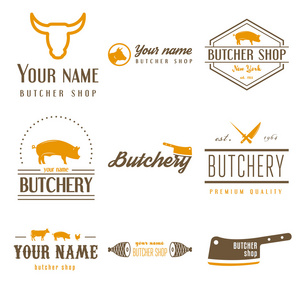 组的标签模板和屠宰肉店和标识元素的标志