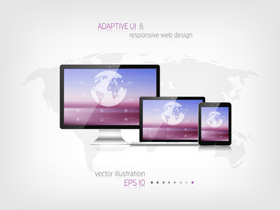 响应的 web 设计。自适应用户界面。数字设计。笔记本电脑 平板电脑 显示器 智能手机。网站模板概念