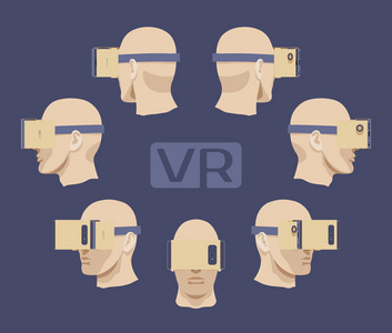 纸板的虚拟现实在男性头上的耳机
