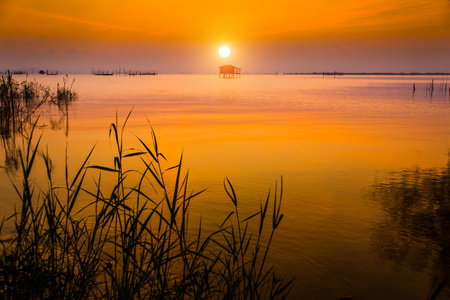 在湖的夕阳的天空