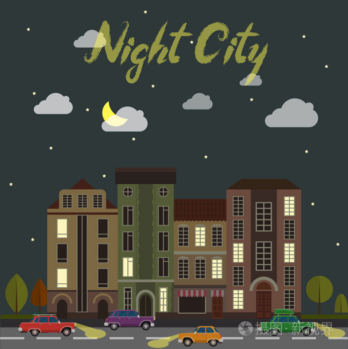 城市的街道在晚上.汽车和卡通风格的建筑