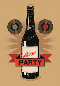 老式的 grunge 风格海报用啤酒瓶的复古派对。矢量图